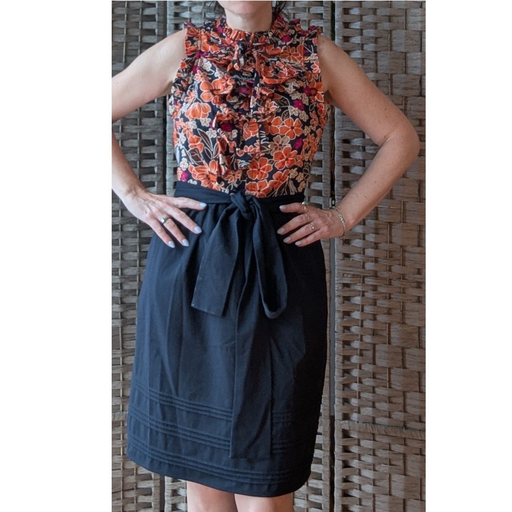 Girls from Savoy Sleeveless Dress Floral Ruffle Pintuck Sz 6 Navy Orange Mod